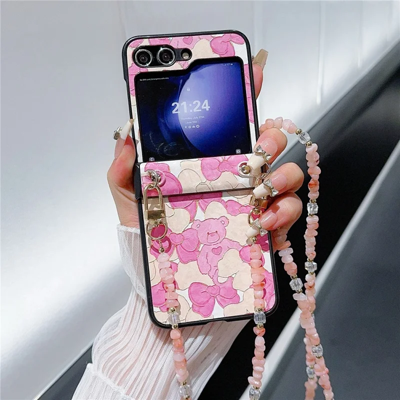 For Samsung Galaxy Z Flip5 5G Case PU Leather Coated PC Phone Cover with Jade Stones Crossbody Strap - Bear