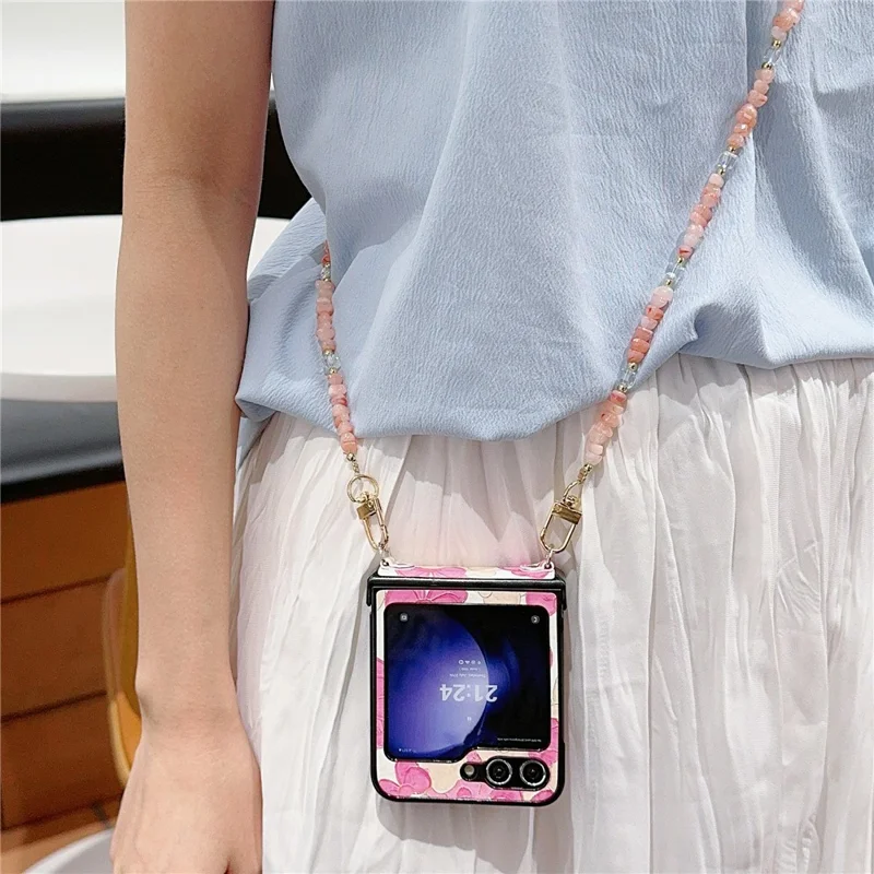For Samsung Galaxy Z Flip5 5G Case PU Leather Coated PC Phone Cover with Jade Stones Crossbody Strap - Bear