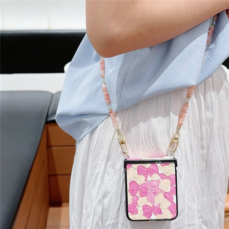 For Samsung Galaxy Z Flip5 5G Case PU Leather Coated PC Phone Cover with Jade Stones Crossbody Strap - Bear