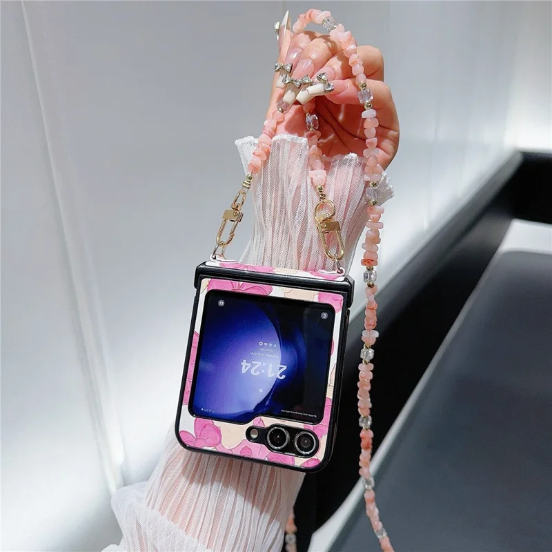 For Samsung Galaxy Z Flip5 5G Case PU Leather Coated PC Phone Cover with Jade Stones Crossbody Strap - Bear