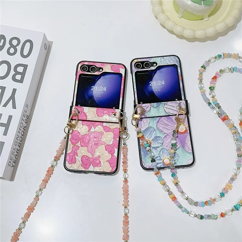 For Samsung Galaxy Z Flip5 5G Case PU Leather Coated PC Phone Cover with Jade Stones Crossbody Strap - Bear