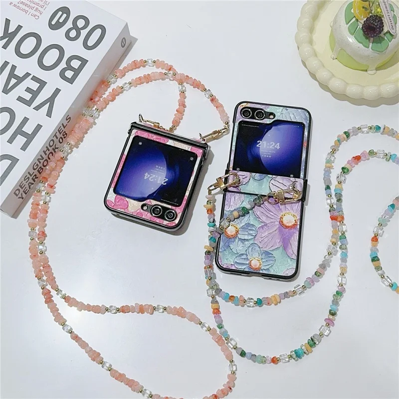 For Samsung Galaxy Z Flip5 5G Case PU Leather Coated PC Phone Cover with Jade Stones Crossbody Strap - Bear