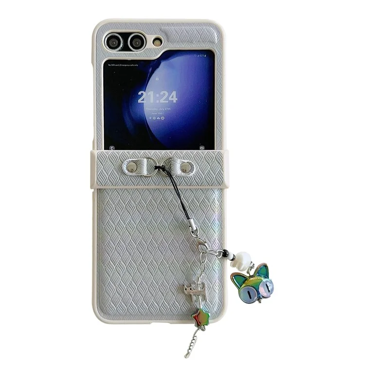 Für Samsung Galaxy Z Flip5 5G Laser Rhombus geprägter Handyhülle PC+PU Leder Cover mit Katzen-Anhänger - Grau