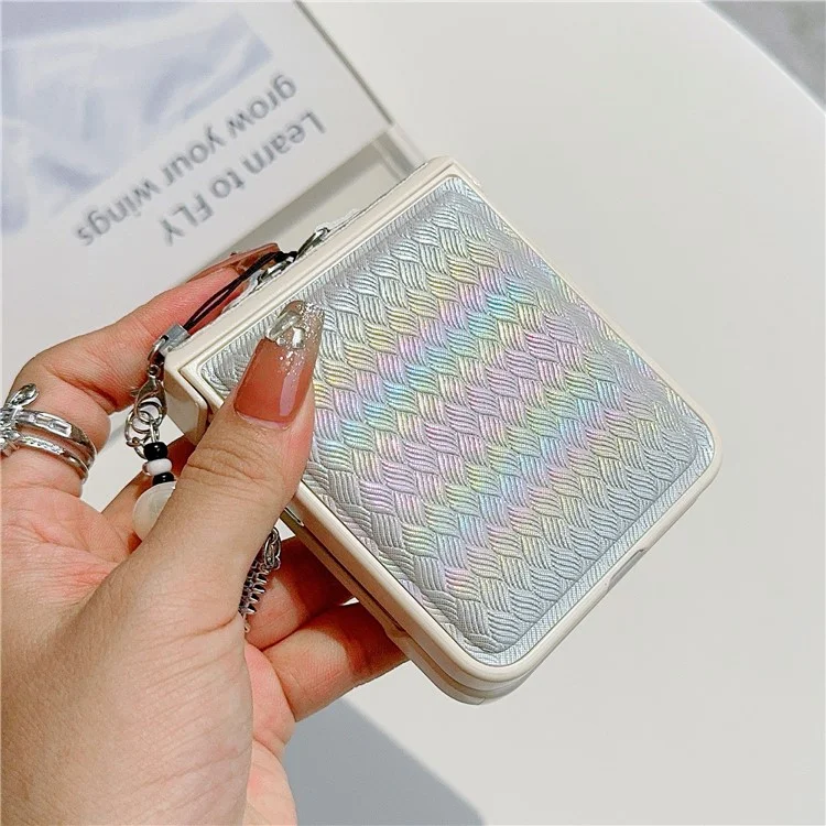 Für Samsung Galaxy Z Flip5 5G Laser Rhombus geprägter Handyhülle PC+PU Leder Cover mit Katzen-Anhänger - Grau