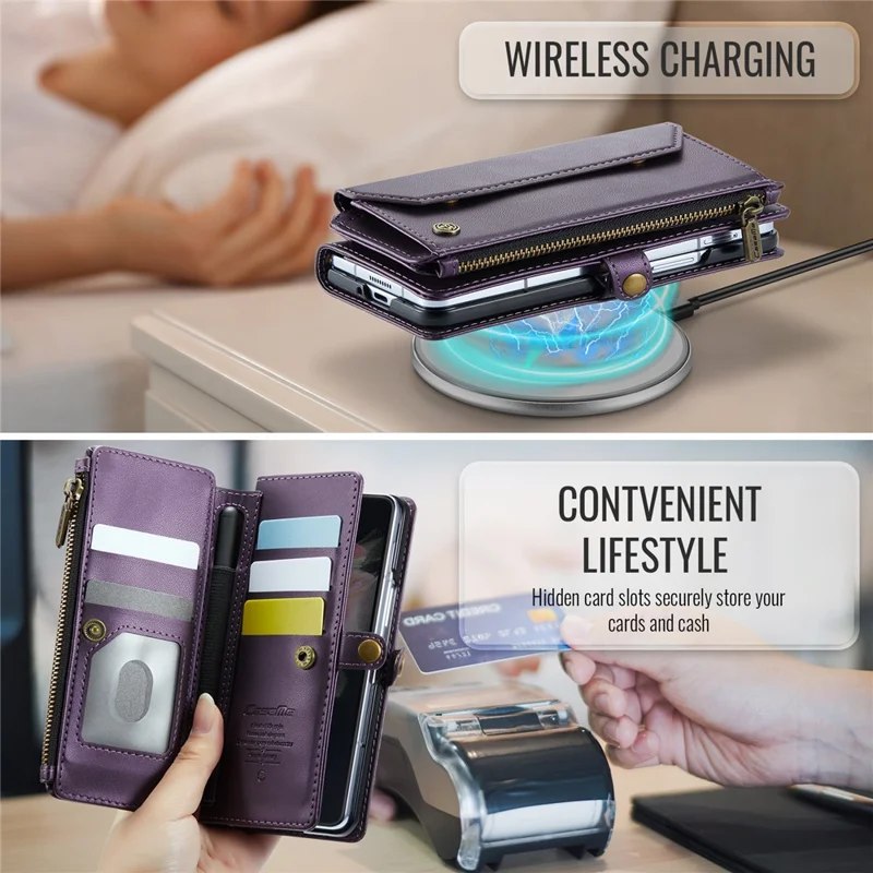CASEME C36 Series Para Samsung Galaxy Z Fold3 5G Carcasa Bolsa de teléfono de cuero con ranura para lápiz - Morado