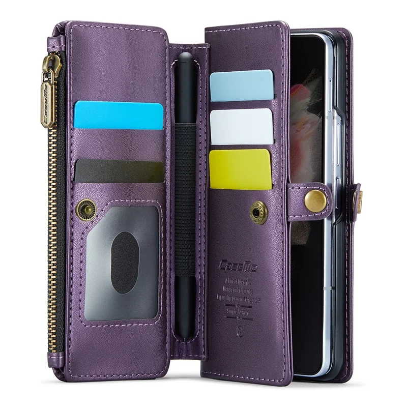 CASEME C36 Series Para Samsung Galaxy Z Fold3 5G Carcasa Bolsa de teléfono de cuero con ranura para lápiz - Morado