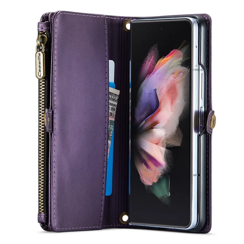 CASEME C36 Series Para Samsung Galaxy Z Fold3 5G Carcasa Bolsa de teléfono de cuero con ranura para lápiz - Morado
