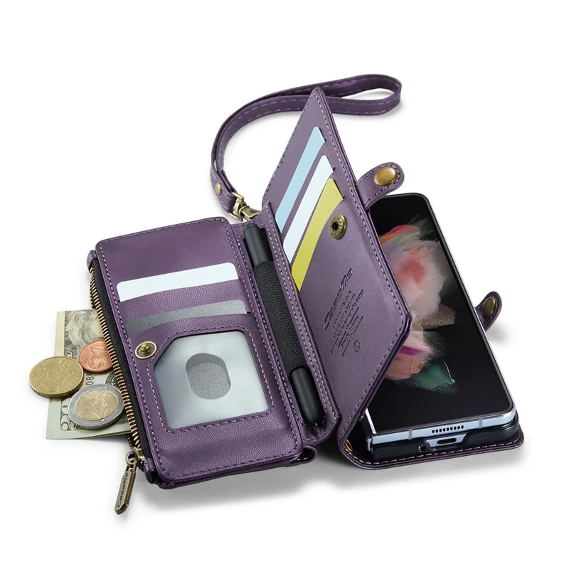 CASEME C36 Series Para Samsung Galaxy Z Fold3 5G Carcasa Bolsa de teléfono de cuero con ranura para lápiz - Morado