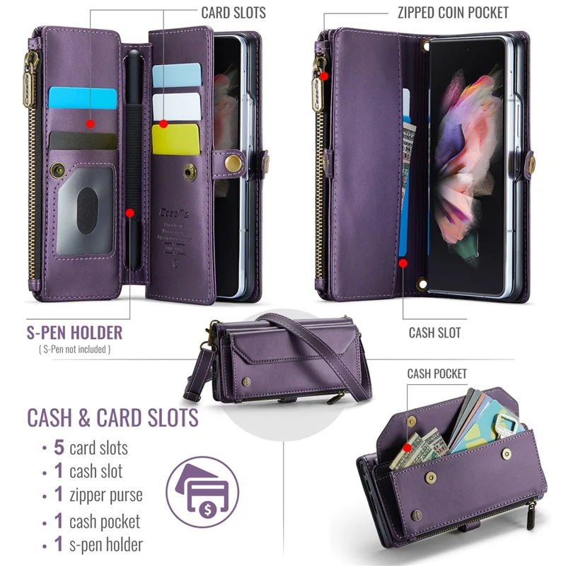 CASEME C36 Series Para Samsung Galaxy Z Fold3 5G Carcasa Bolsa de teléfono de cuero con ranura para lápiz - Morado