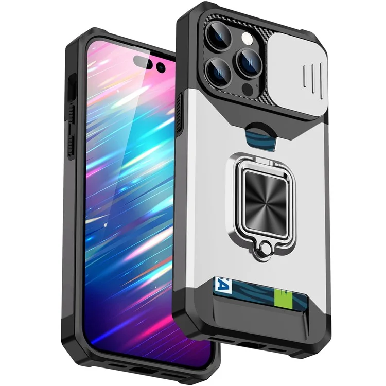 For iPhone 14 Pro 6.1 inch Slide Camera Cover Card Slot Phone Shell Hard PC + TPU Kickstand Phone Case with Strap - Silver
