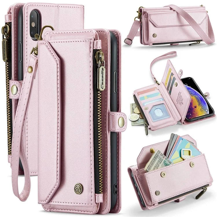 CASEME C36-Serie für iPhone XS Max-Hülle Reißverschlusstasche Folio PU-Leder Handyhülle mit 10 Kartenfächern - Pink
