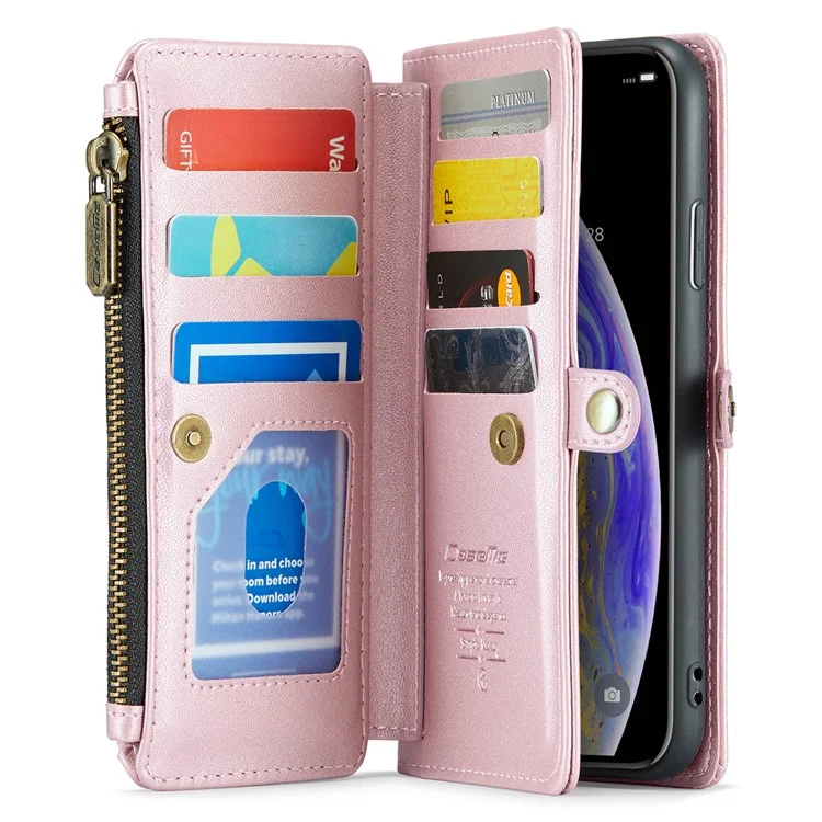 CASEME C36-Serie für iPhone XS Max-Hülle Reißverschlusstasche Folio PU-Leder Handyhülle mit 10 Kartenfächern - Pink