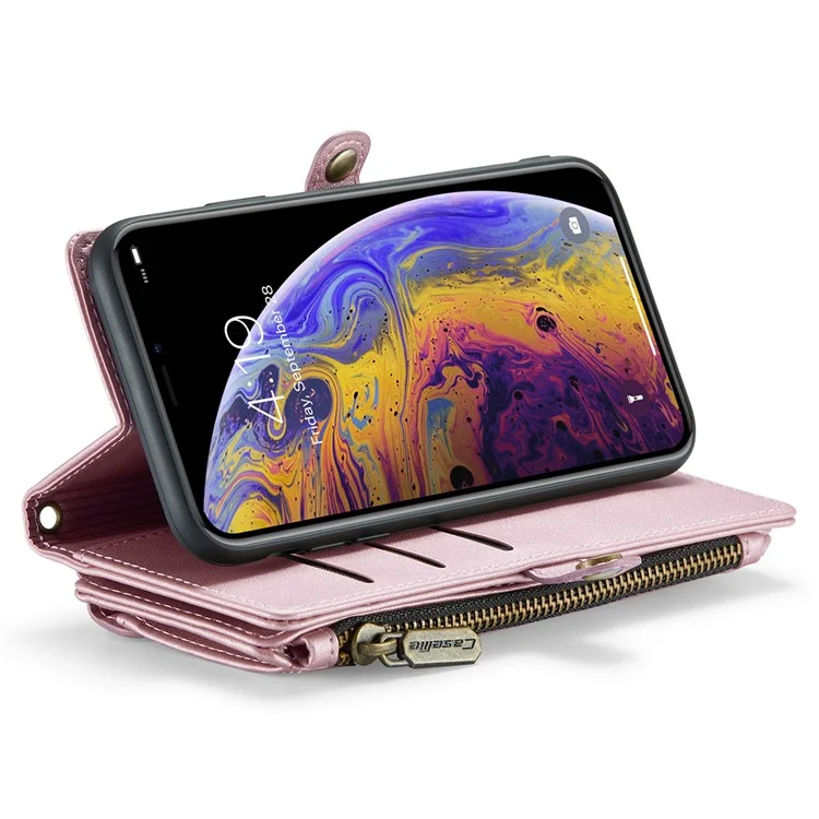 CASEME C36-Serie für iPhone XS Max-Hülle Reißverschlusstasche Folio PU-Leder Handyhülle mit 10 Kartenfächern - Pink