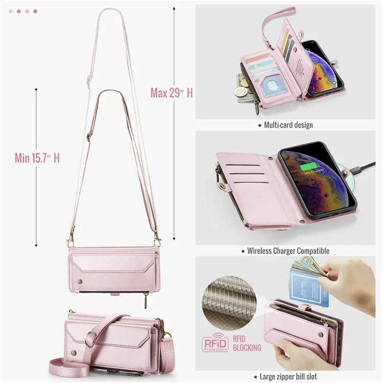 CASEME C36-Serie für iPhone XS Max-Hülle Reißverschlusstasche Folio PU-Leder Handyhülle mit 10 Kartenfächern - Pink