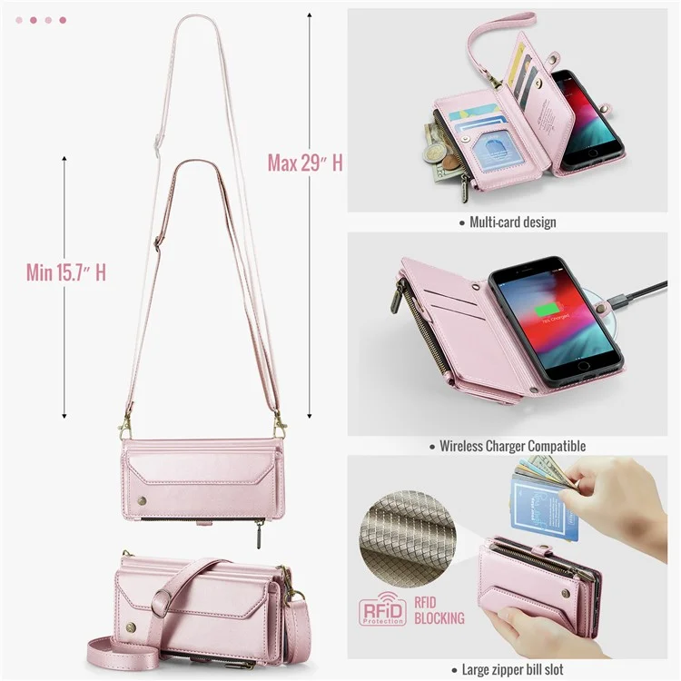 CASEME C36 Series для iPhone 6 / 6s / 7 / 8 / SE (2020) / SE (2022) Чехол Кожаная сумка Чехол для телефона RFID-блокировка - Розовый