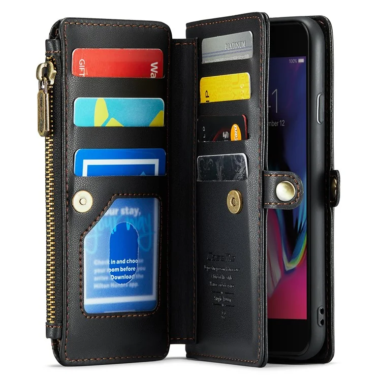 For iPhone 6 Plus / 6s Plus / 7 Plus / 8 Plus Leather Case CASEME C36 Zipper Multiple Card Slots Phone Cover with Straps - Black