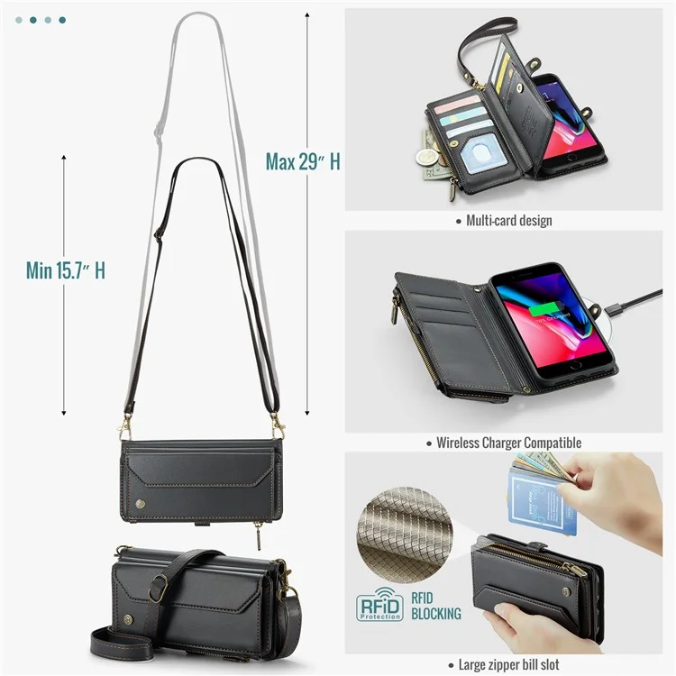 For iPhone 6 Plus / 6s Plus / 7 Plus / 8 Plus Leather Case CASEME C36 Zipper Multiple Card Slots Phone Cover with Straps - Black