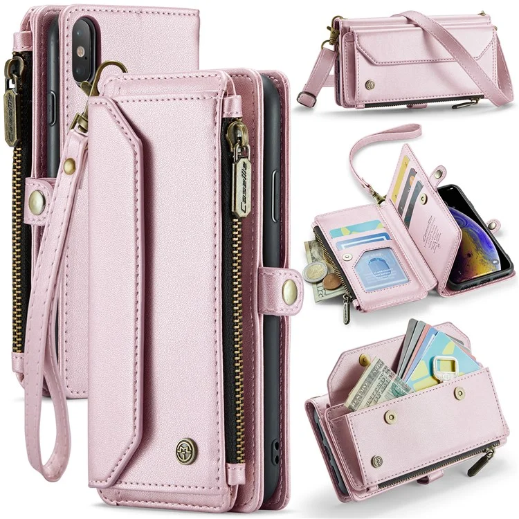For iPhone X / XS Leather Case CASEME C36 Zipper Multiple Card Slots Phone Cover with Straps - Pink