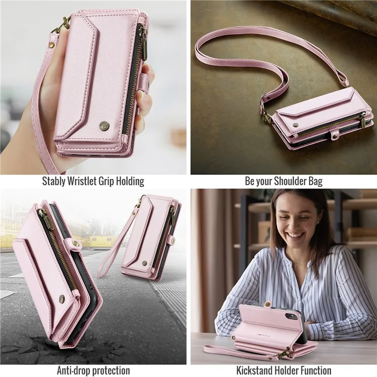 For iPhone X / XS Leather Case CASEME C36 Zipper Multiple Card Slots Phone Cover with Straps - Pink