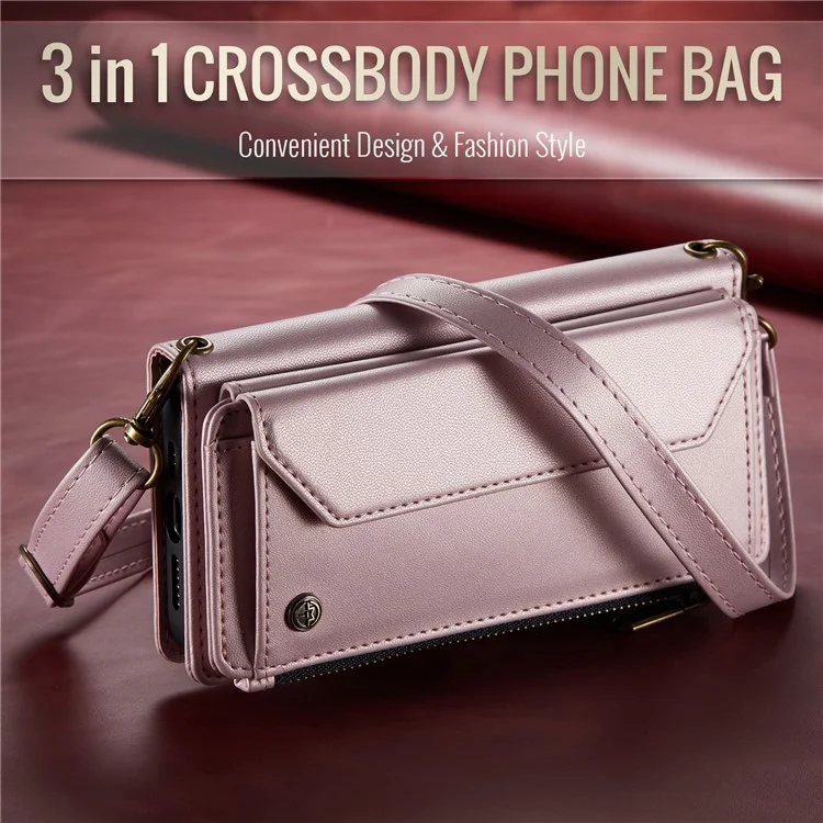For iPhone X / XS Leather Case CASEME C36 Zipper Multiple Card Slots Phone Cover with Straps - Pink
