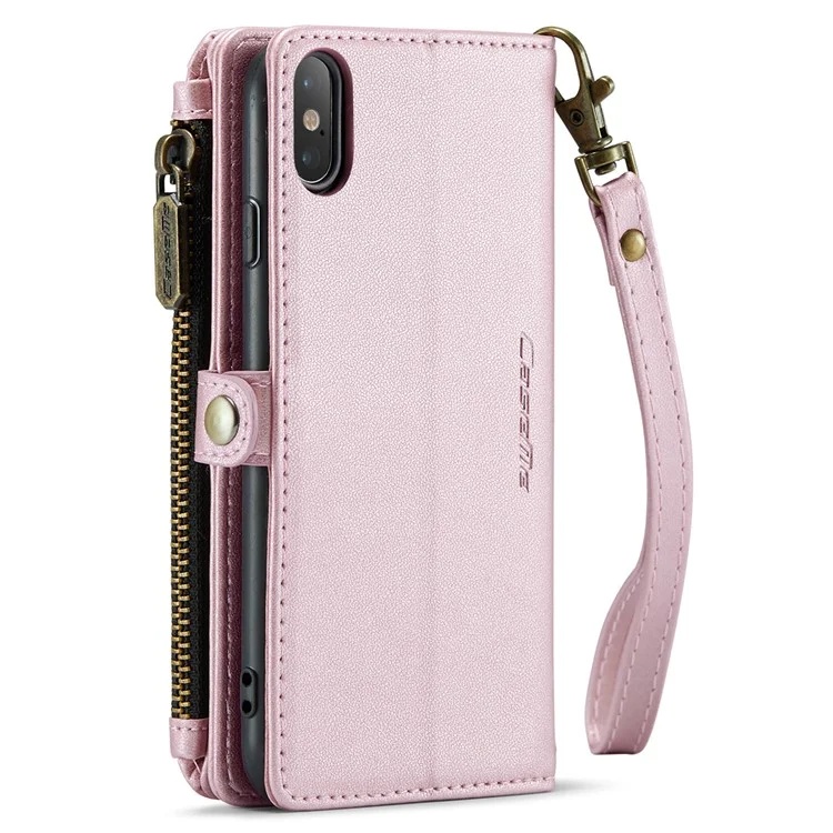 For iPhone X / XS Leather Case CASEME C36 Zipper Multiple Card Slots Phone Cover with Straps - Pink