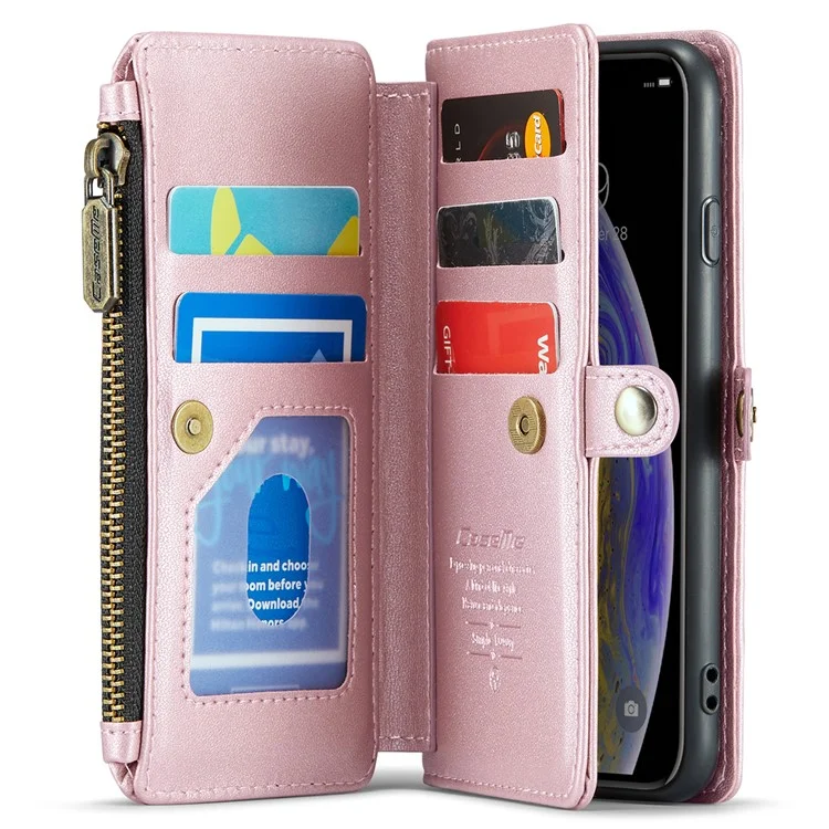 For iPhone X / XS Leather Case CASEME C36 Zipper Multiple Card Slots Phone Cover with Straps - Pink