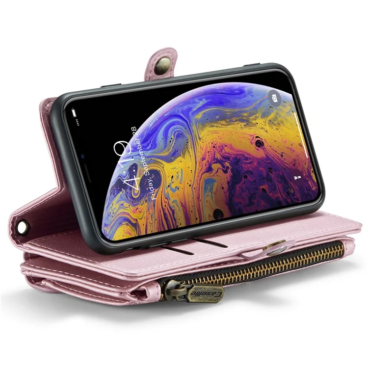 For iPhone X / XS Leather Case CASEME C36 Zipper Multiple Card Slots Phone Cover with Straps - Pink