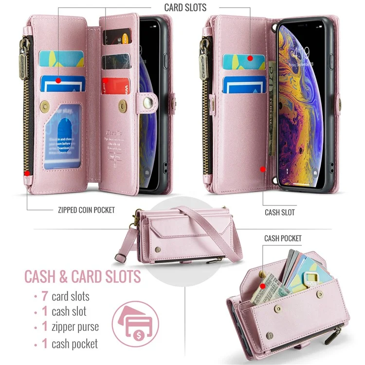 For iPhone X / XS Leather Case CASEME C36 Zipper Multiple Card Slots Phone Cover with Straps - Pink