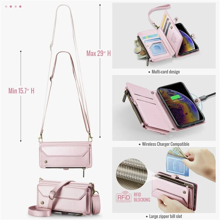 For iPhone X / XS Leather Case CASEME C36 Zipper Multiple Card Slots Phone Cover with Straps - Pink