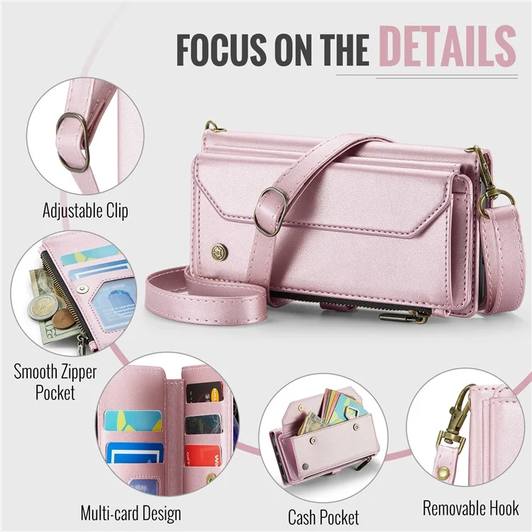 For iPhone X / XS Leather Case CASEME C36 Zipper Multiple Card Slots Phone Cover with Straps - Pink