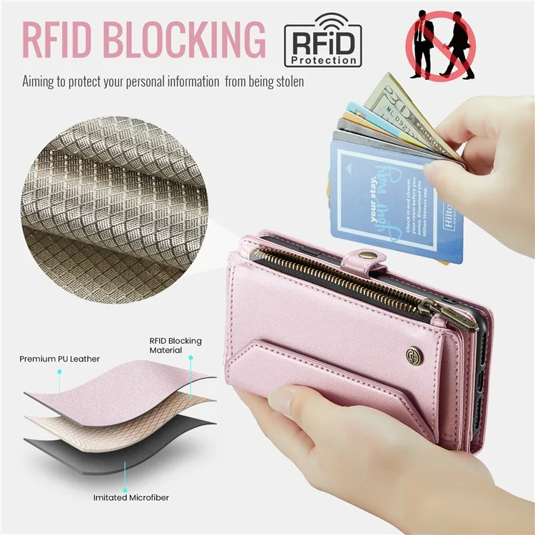 For iPhone X / XS Leather Case CASEME C36 Zipper Multiple Card Slots Phone Cover with Straps - Pink