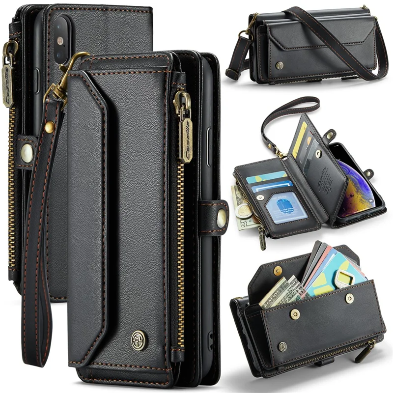 CASEME C36 Series Per iPhone X / XS Custodia a Tracolla RFID Blocking in Pelle PU con Zip - Nero