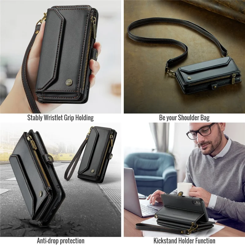 CASEME C36 Series Per iPhone X / XS Custodia a Tracolla RFID Blocking in Pelle PU con Zip - Nero