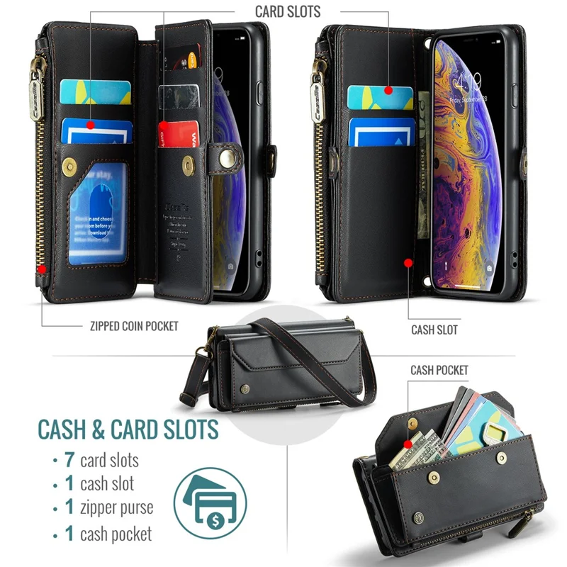 CASEME C36 Series Per iPhone X / XS Custodia a Tracolla RFID Blocking in Pelle PU con Zip - Nero