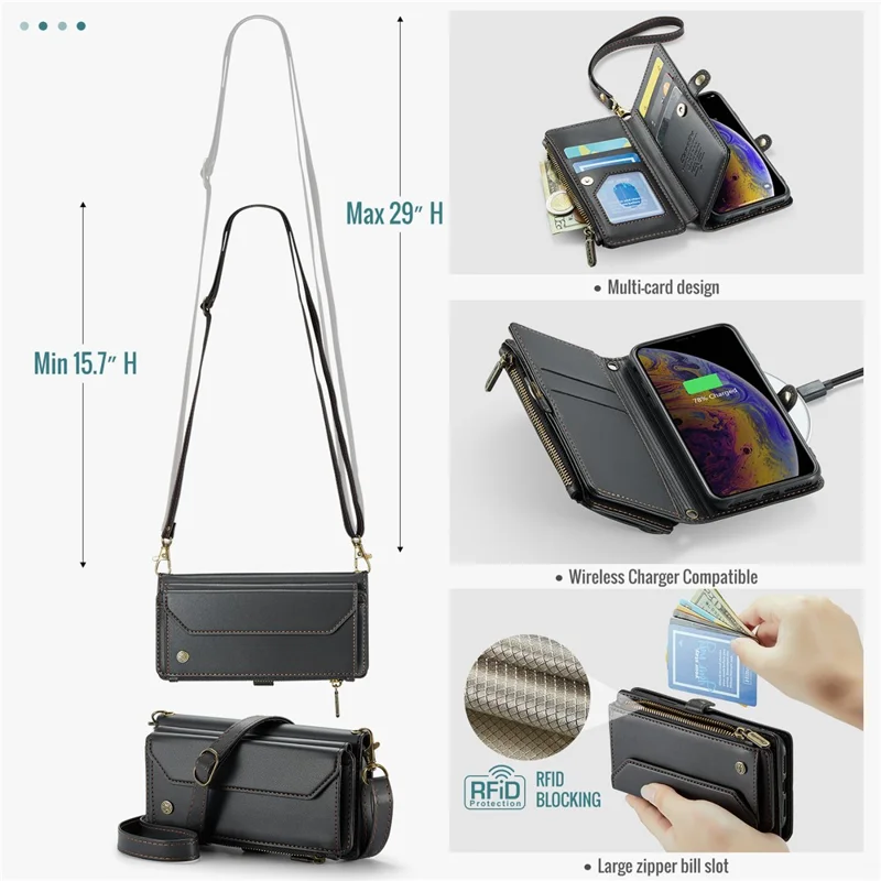 CASEME C36 Series Per iPhone X / XS Custodia a Tracolla RFID Blocking in Pelle PU con Zip - Nero
