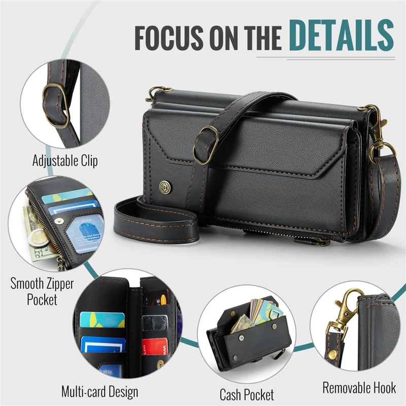 CASEME C36 Series Per iPhone X / XS Custodia a Tracolla RFID Blocking in Pelle PU con Zip - Nero