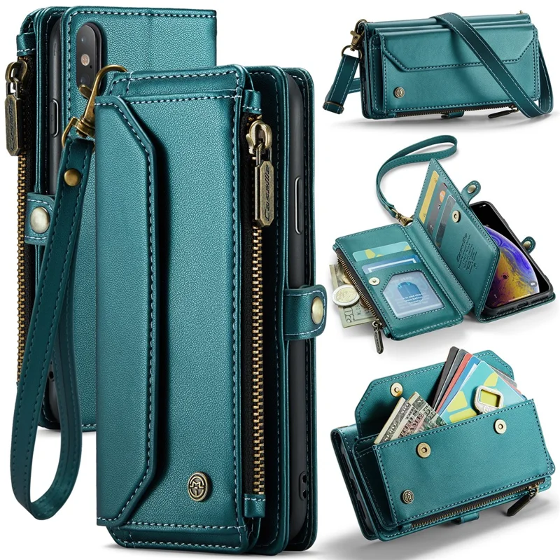 CASEME C36 Series Para iPhone X / XS Bolsa Transversal RFID Blocking PU Leather Zipper Phone Cover - Verde