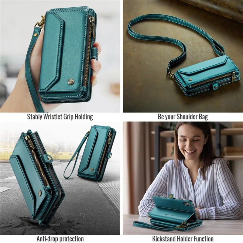 CASEME C36 Series Para iPhone X / XS Bolsa Transversal RFID Blocking PU Leather Zipper Phone Cover - Verde
