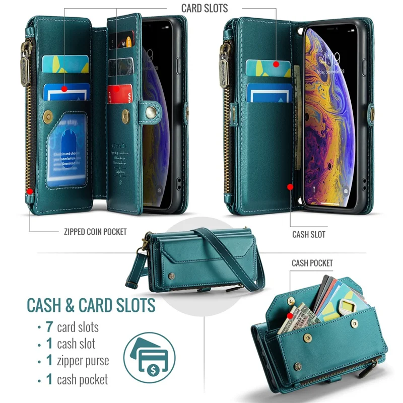 CASEME C36 Series Para iPhone X / XS Bolsa Transversal RFID Blocking PU Leather Zipper Phone Cover - Verde