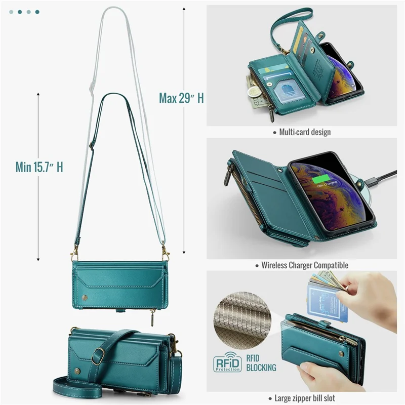 CASEME C36 Series Para iPhone X / XS Bolsa Transversal RFID Blocking PU Leather Zipper Phone Cover - Verde