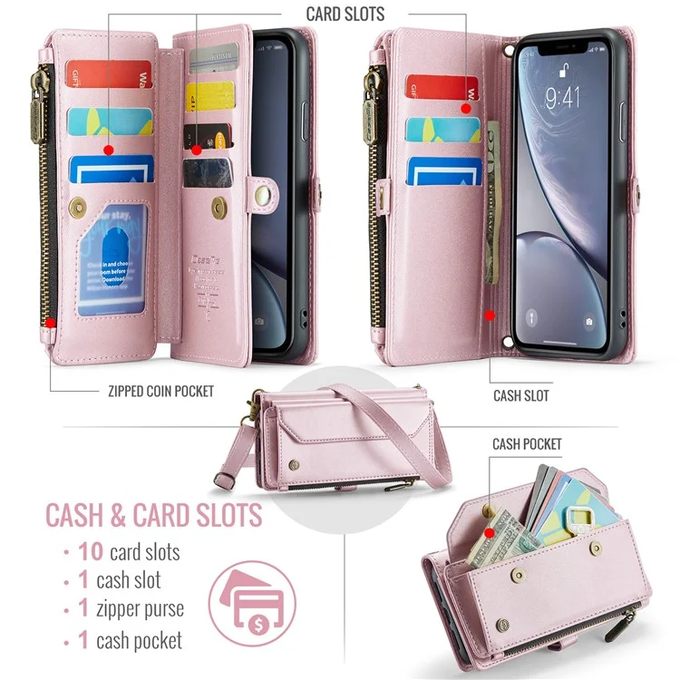 CASEME C36 Serie für iPhone XR Hülle Reißverschlusstaschen Geldbörse RFID-blockierend PU-Leder Handyhülle - Pink