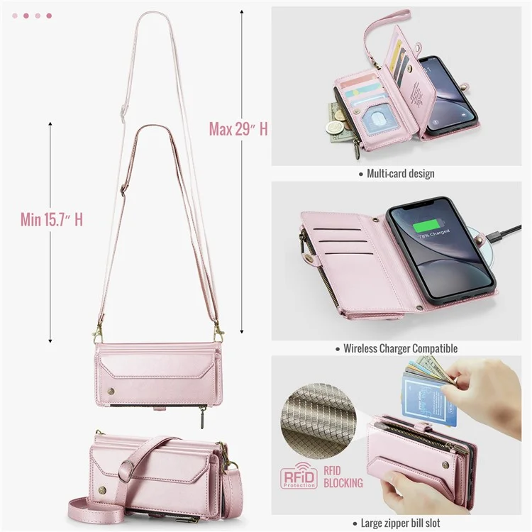 CASEME C36 Serie für iPhone XR Hülle Reißverschlusstaschen Geldbörse RFID-blockierend PU-Leder Handyhülle - Pink