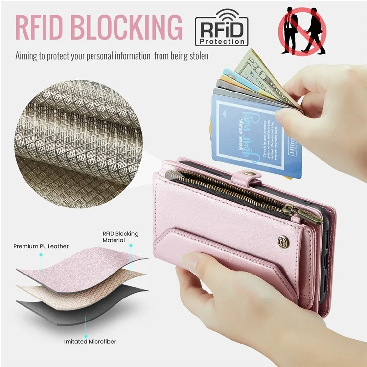 CASEME C36 Serie für iPhone XR Hülle Reißverschlusstaschen Geldbörse RFID-blockierend PU-Leder Handyhülle - Pink