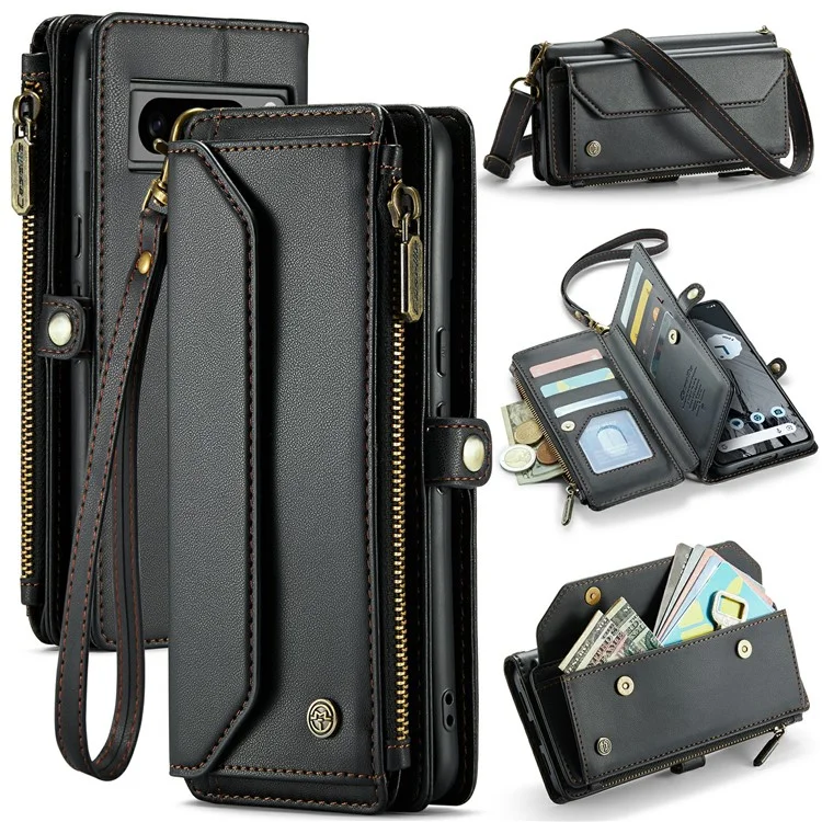 CASEME C36 Series для чехла Google Pixel 8 Pro PU Leather Phone Cover Zipper Pocket Handbag RFID Blocking - Черный