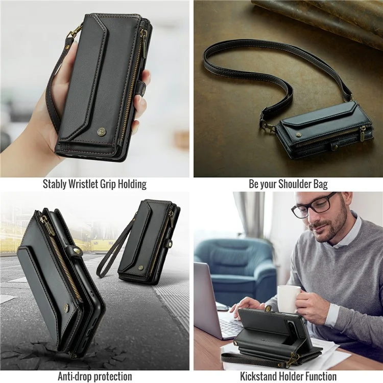 CASEME C36 Series для чехла Google Pixel 8 Pro PU Leather Phone Cover Zipper Pocket Handbag RFID Blocking - Черный