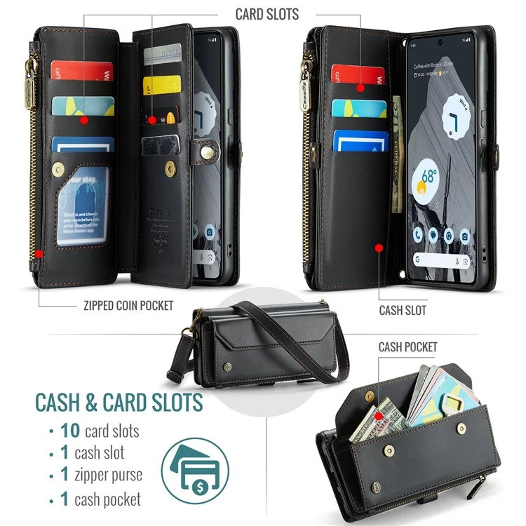 CASEME C36 Series для чехла Google Pixel 8 Pro PU Leather Phone Cover Zipper Pocket Handbag RFID Blocking - Черный
