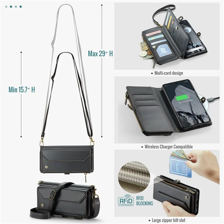 CASEME C36 Series для чехла Google Pixel 8 Pro PU Leather Phone Cover Zipper Pocket Handbag RFID Blocking - Черный
