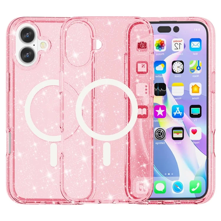 For iPhone 16 Plus Magnetic Phone Case Sparkly Glitter PC+TPU Phone Cover - Pink