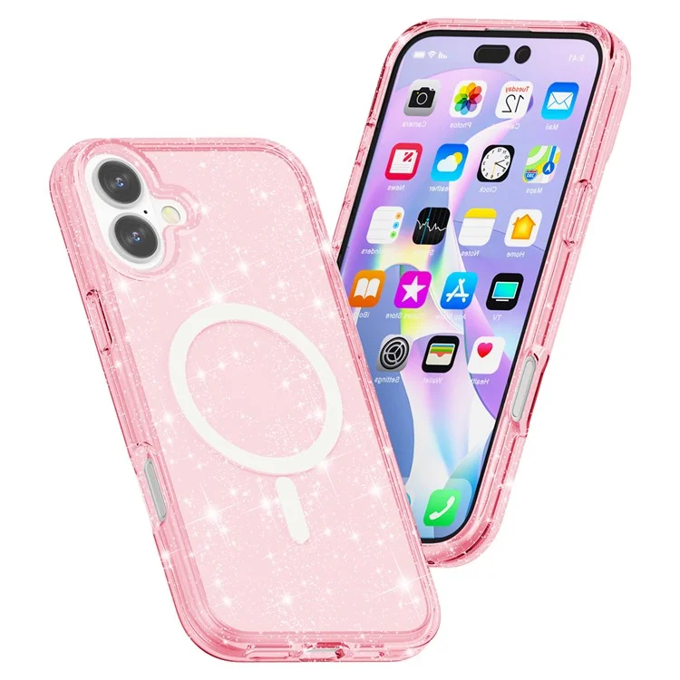 For iPhone 16 Plus Magnetic Phone Case Sparkly Glitter PC+TPU Phone Cover - Pink