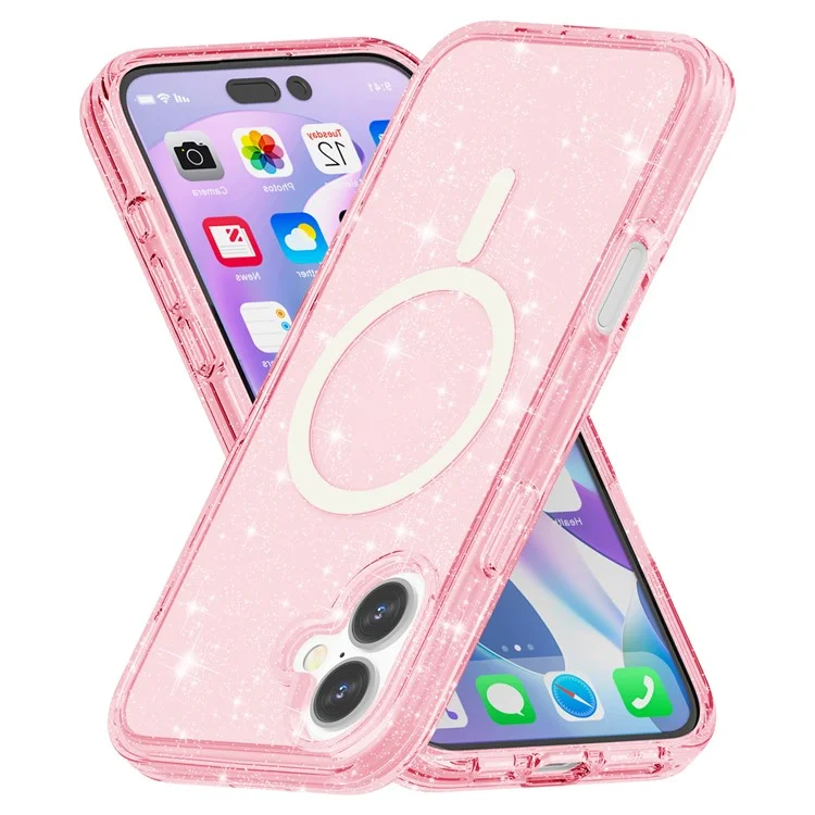 For iPhone 16 Plus Magnetic Phone Case Sparkly Glitter PC+TPU Phone Cover - Pink